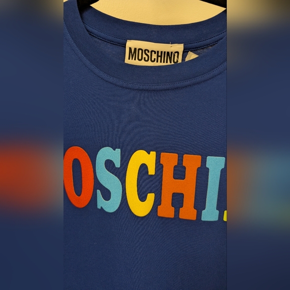 Moschino Blue Tee with Multicolor Logo - Picture 2 of 4